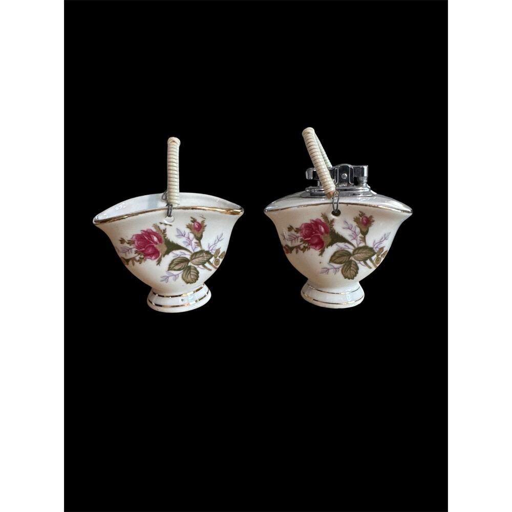 Vintage Moss Rose Japanese Porcelain Lighter & Cigarette Holder Ensemble JAPAN